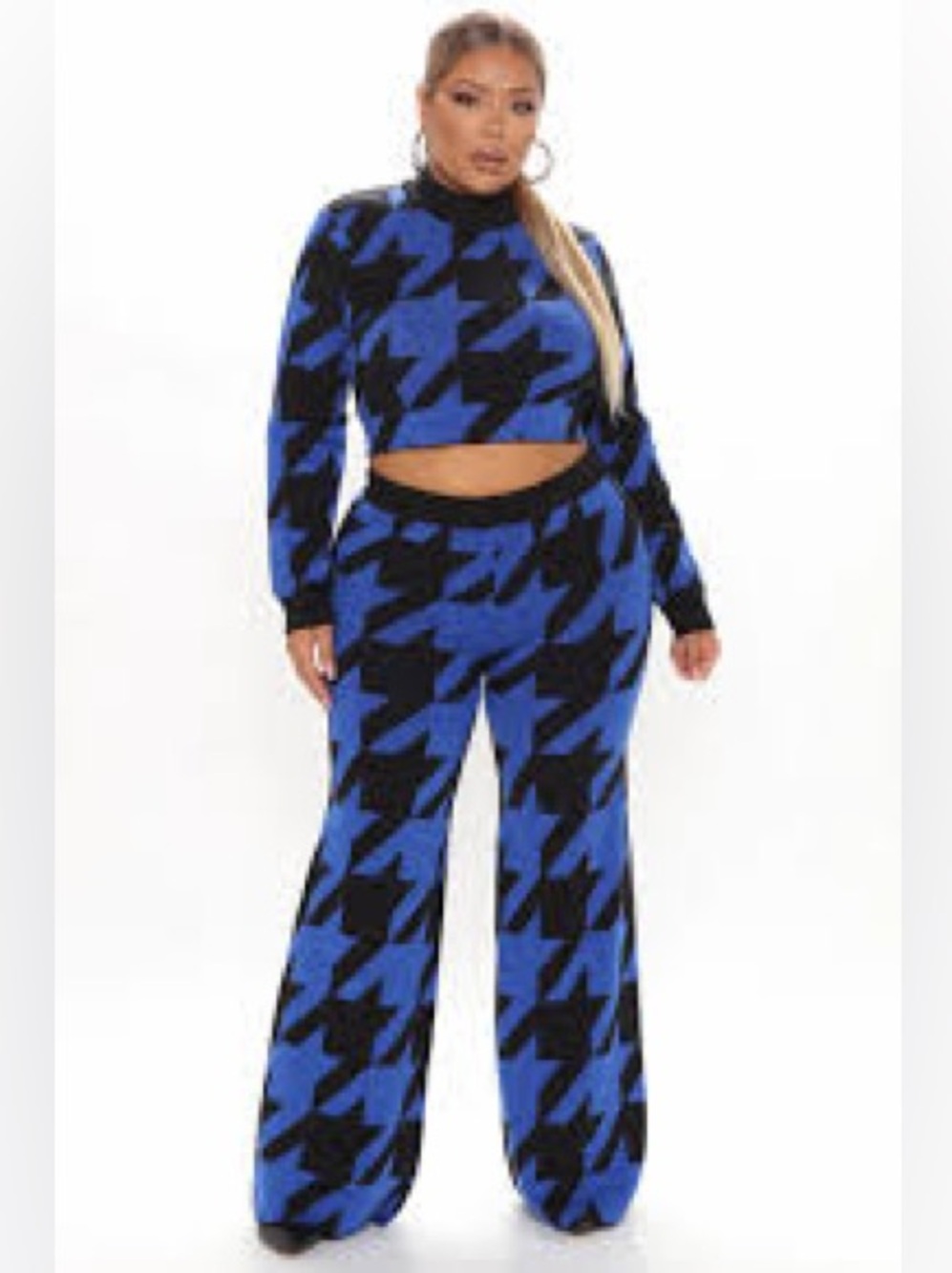 Blue & Black Houndstooth Knit Pants Set - Fashion Nova
